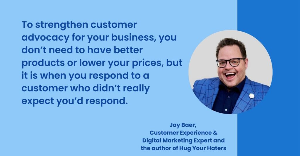 This image is for the blog on negative customer review. 
The pic depicts Jay Baer's quote when he spoke at Birdeye View 2023. Birdeye helps businesses improve their customer experience. Read the blog for more. 
