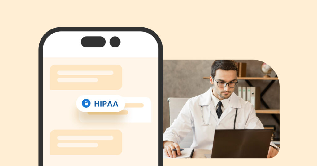 A doctor looking at a laptop next to a smartphone screen with HIPAA written on it.