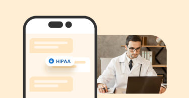 A doctor looking at a laptop next to a smartphone screen with HIPAA written on it.