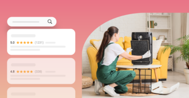 An air purifier being serviced by a home service professional, alongside an AI-powered search interface displaying top-rated service provider reviews.
