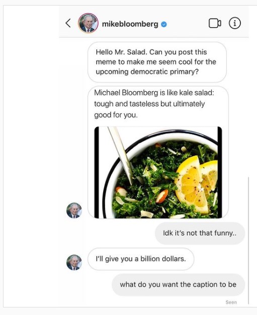 Mike Bloomberg's kalesalad Instagram meme