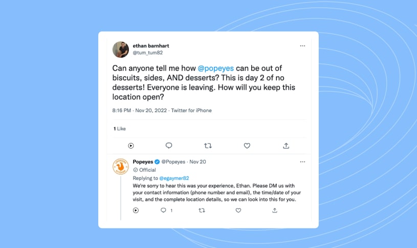 A social media post from Popeyes politely responding to customer feedback.