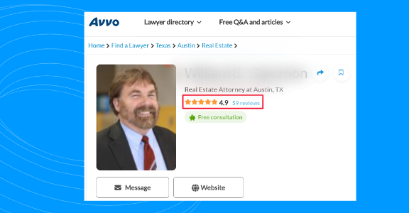 Avvo user profile highlighting the star rating.