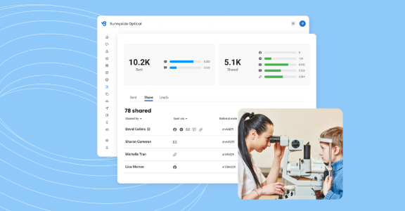 eye doctor checking a young boys eyes overlapping Birdeye's referral tracking & reporting interface .