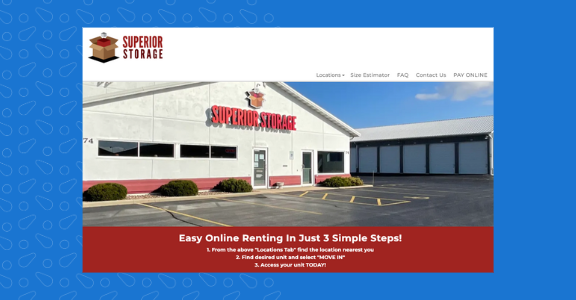 Website of a storage company promoting their business on their homepage.