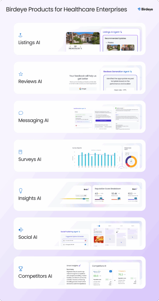 Visual list of Birdeye products for healthcare enterprises, including Listings AI, Reviews AI, Messaging AI, Surveys AI, Insights AI, Social AI, and Competitors AI, each with corresponding interface previews.