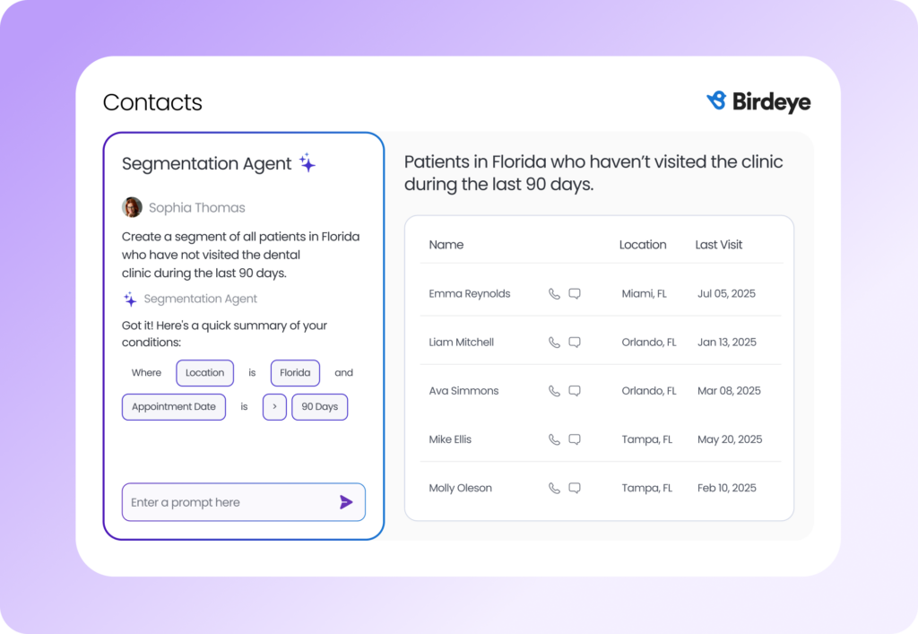 An interface showcasing Birdeye’s Segmentation Agent automatically filtering a contact list to identify specific patients in Florida who haven't visited a clinic in over 90 days.