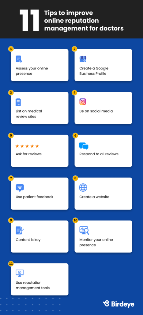 Infographic sharing 11 tips for doctor online reputation management