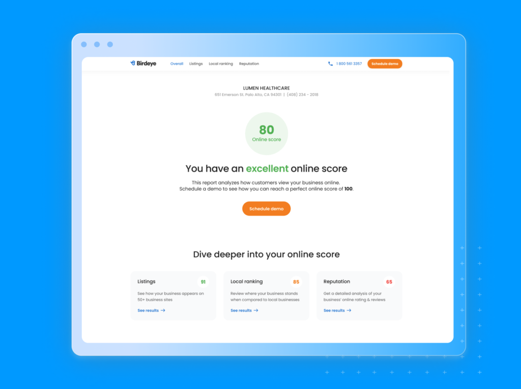 This image depicts the dashboard of Birdeye's local SEO Audit Tool. The displayed line items are a total online score for the business and individual scores for listings, local ranking, and reputation,