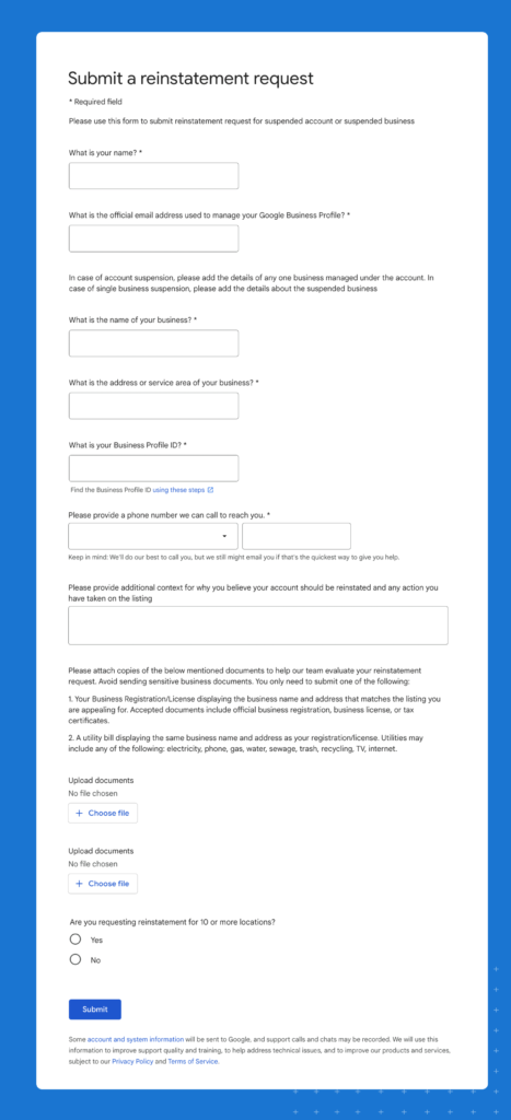 Google My Business submit a reinstatement request form example