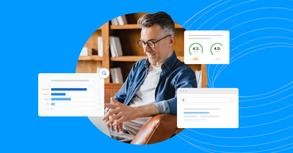 A depiction of the results available via the Birdeye local SEO tool with the image of a manager.