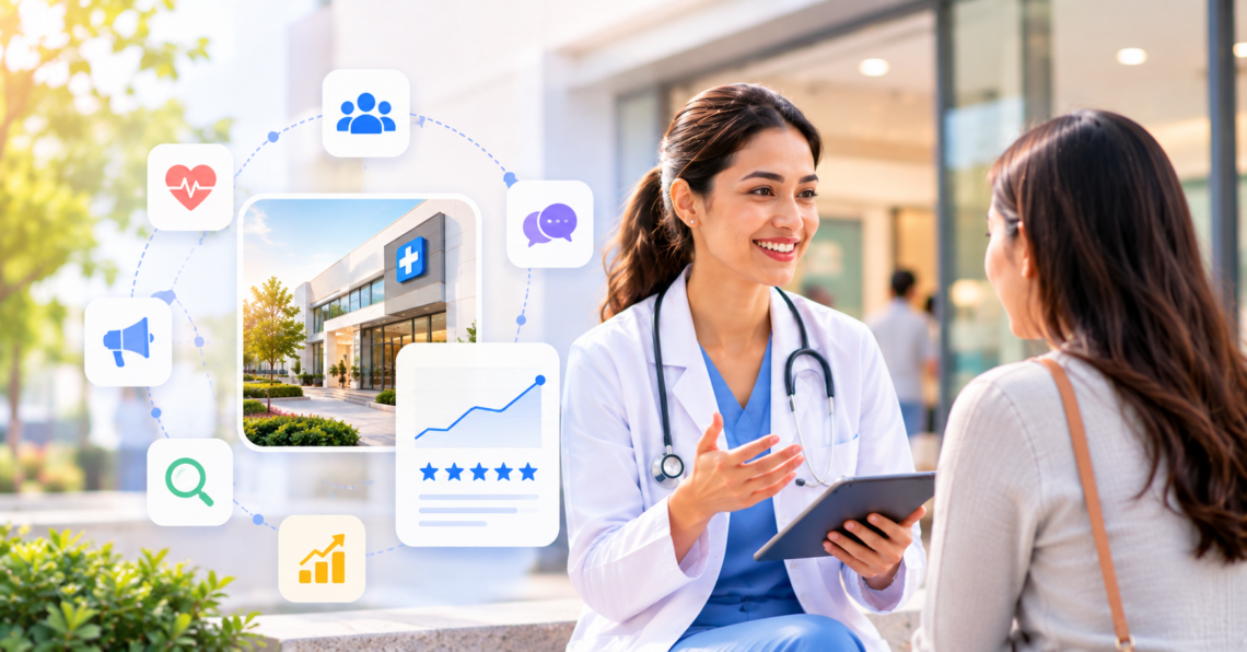 Doctor discussing healthcare marketing with a patient outside a modern medical clinic, alongside visual elements representing online visibility, patient engagement, reviews, local search, and practice growth.