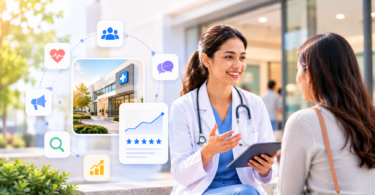 Doctor discussing healthcare marketing with a patient outside a modern medical clinic, alongside visual elements representing online visibility, patient engagement, reviews, local search, and practice growth.
