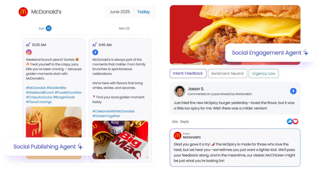 Mockup showing a social media platform dashboard for McDonald's, illustrating a Social Publishing Agent creating posts on Instagram
