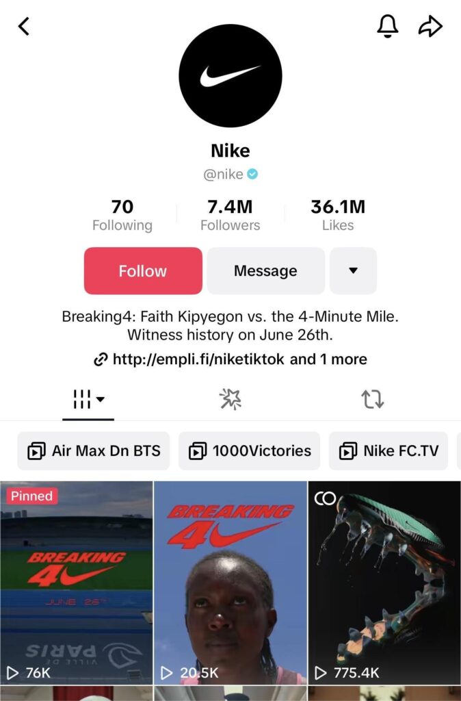 This is the right way to know how to get verified on TikTok. Tiktok account of Nike 