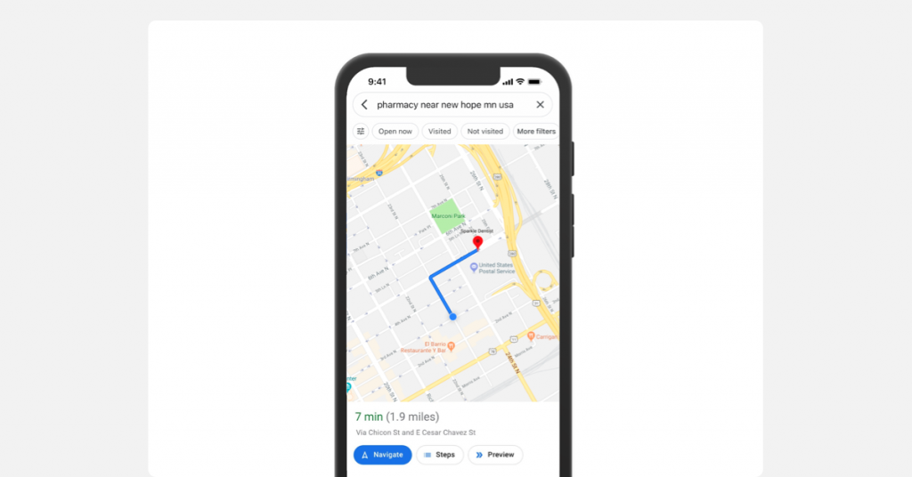Picture of Google Maps search for "pharmacy near new hope mn usa"