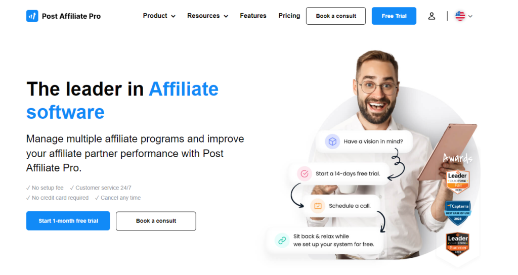 A screenshot of the Post Affiliate Pro website's homepage.