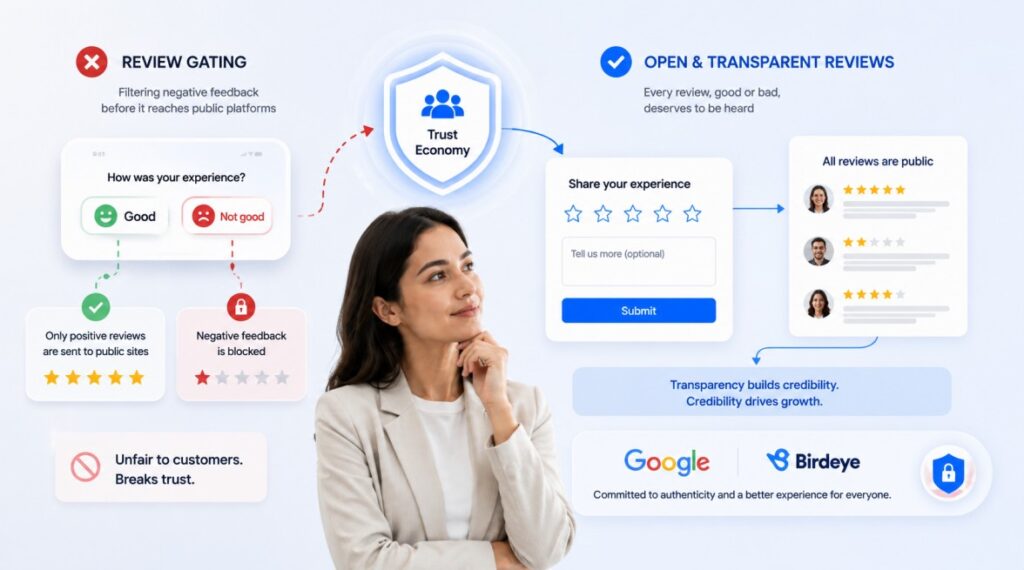 Review gating illustrated as negative feedback being blocked while transparent review collection allows all customer experiences to become public reviews, highlighting the connection between authentic feedback, trust, and business growth.