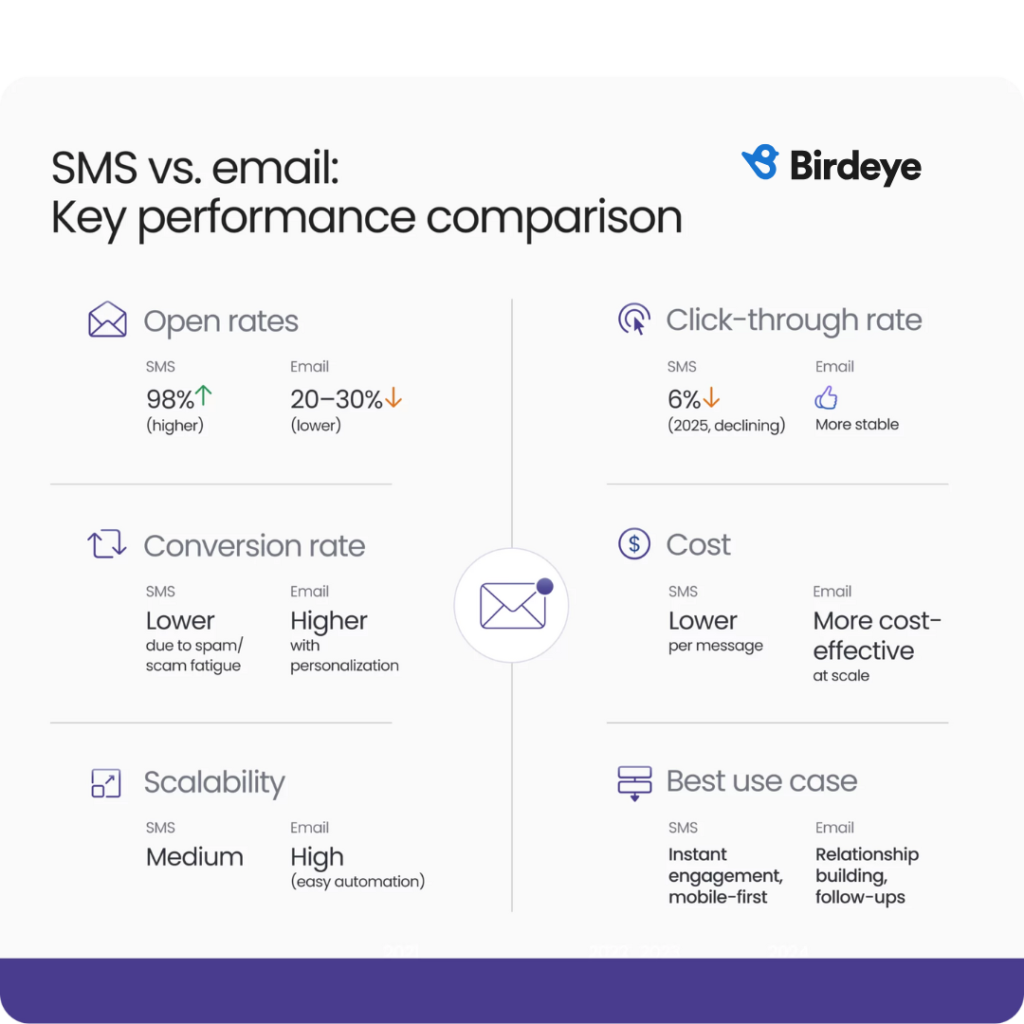 Infographic showing performance comparison between SMS and email as review request platforms.