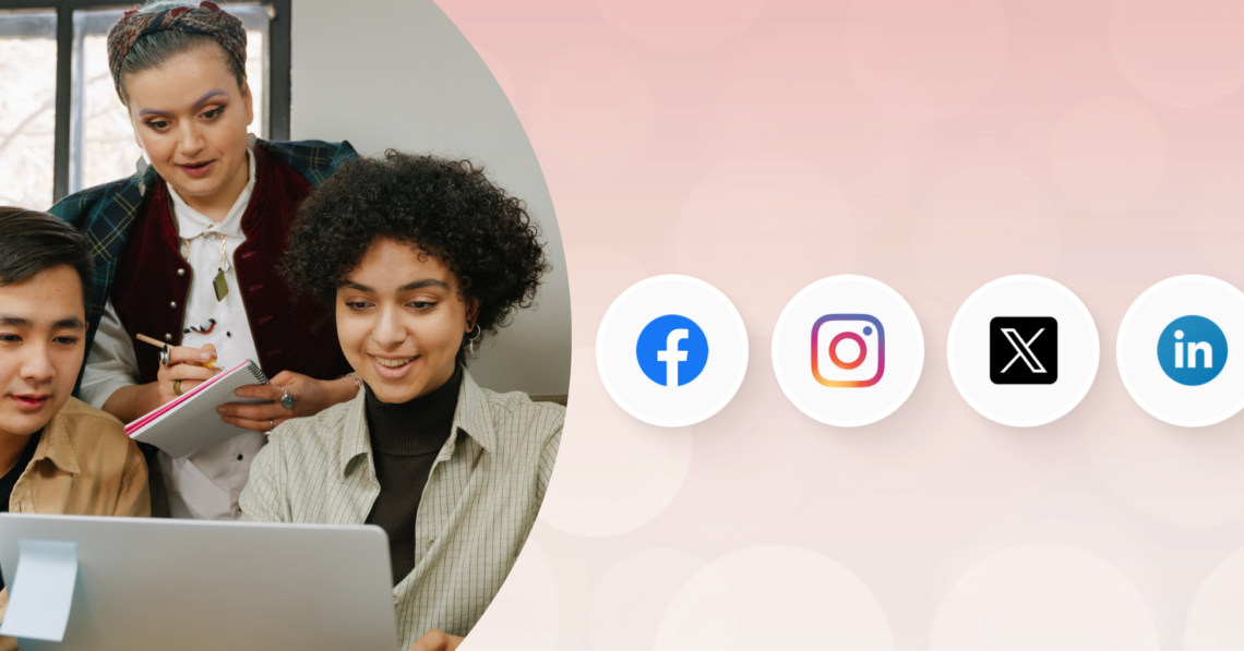 A group of people looking at a laptop with social media icons floating in circles next to them.