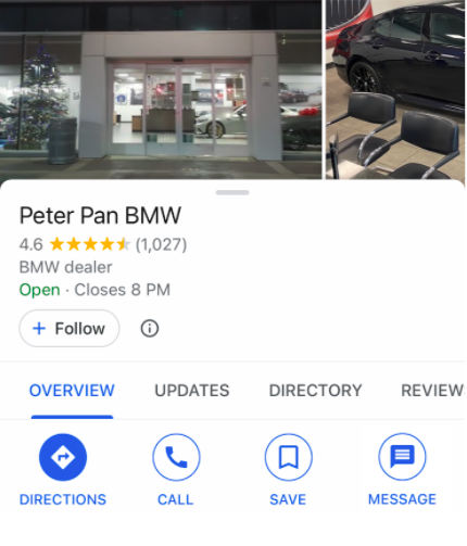 Google Business Profile view depicting the message button for customers