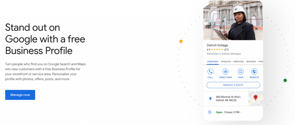 Google Business Profile signup page