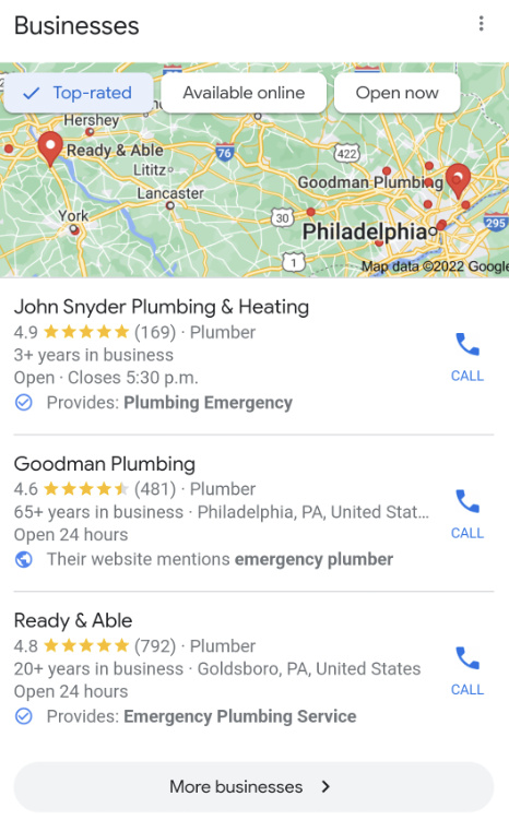 An example of a Google 3-Pack results for local search