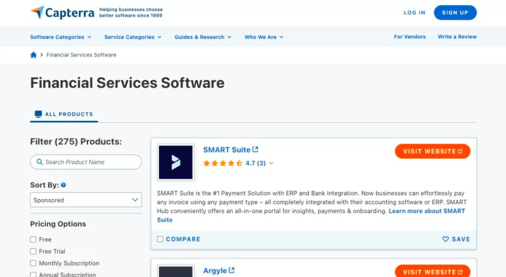 Screenshot of financial software services reviews on Capterra.