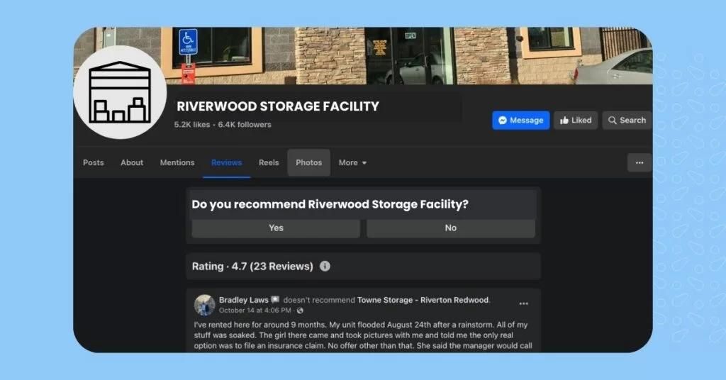 Screenshot of Facebook reviews for a storage facility