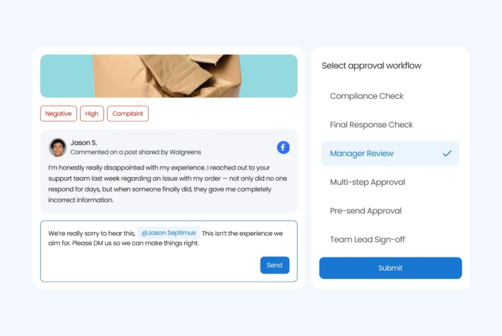 Image shows how the approval workflow function works in Social Engagement Agent