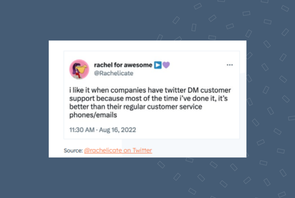 Screenshot of a Twitter post by a customer appreciating brands that respond to Twitter DMs instead of making customers call or email them.