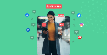 Picture of a woman on her phone with social media engagement metrics around her