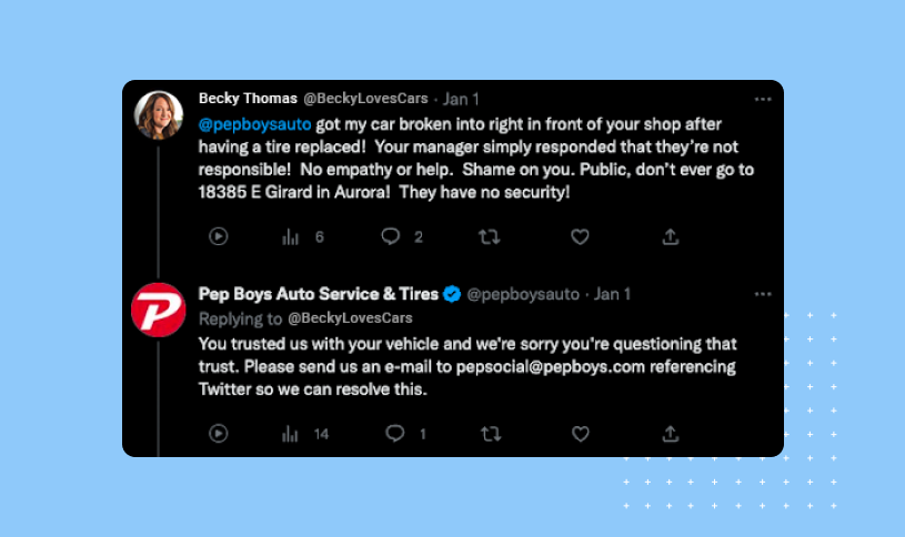 Social media post example of a business addressing a customer complaint.