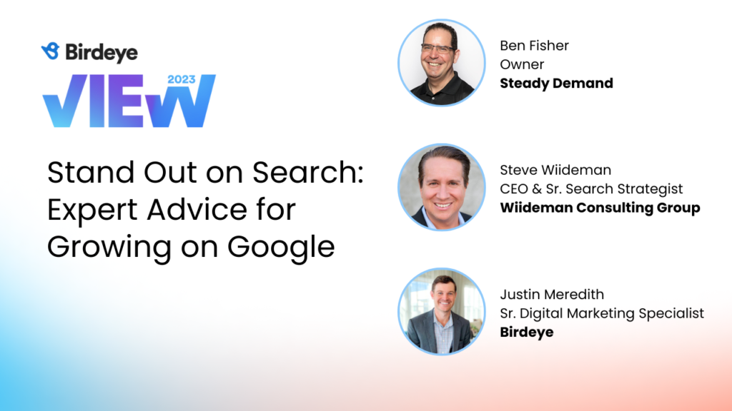 The image shows the list of speakers for the Birdeye View session: "Expert Advice for Growing on Google"