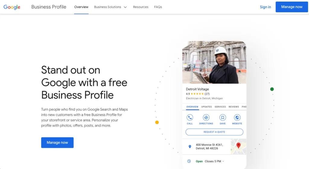 Screenshot of Google Business Profile sign up page