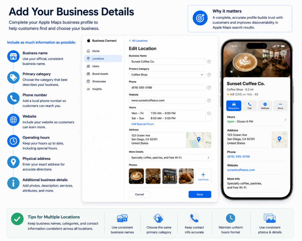 Apple Maps business verification screen showing listing review, verification checks, and approval status.
