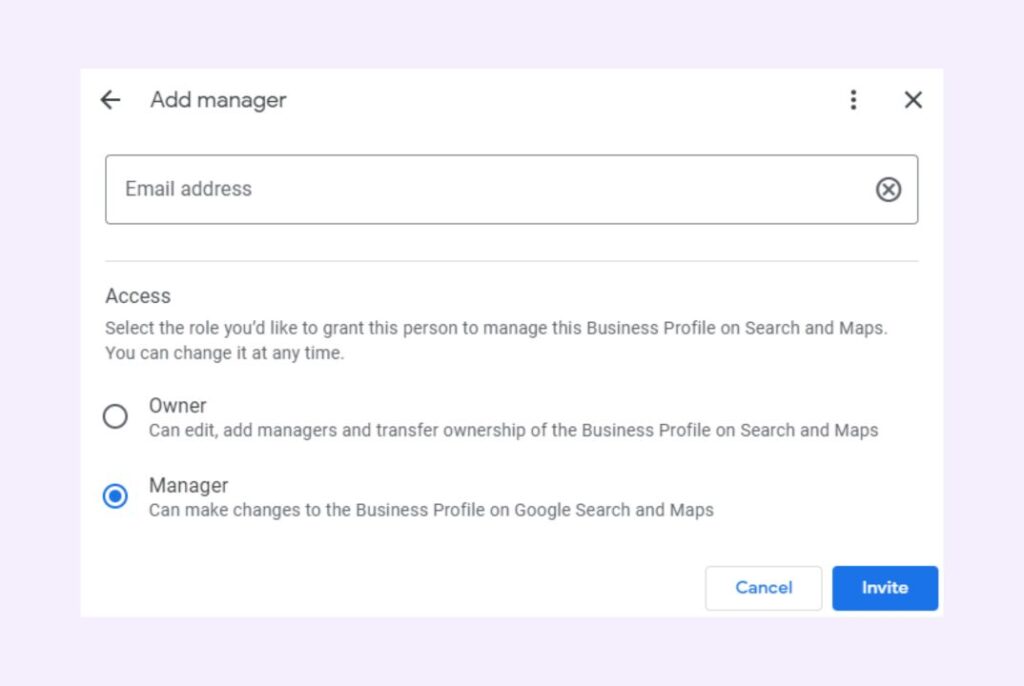 Steps showing how to assign a role while adding a user to GBP.