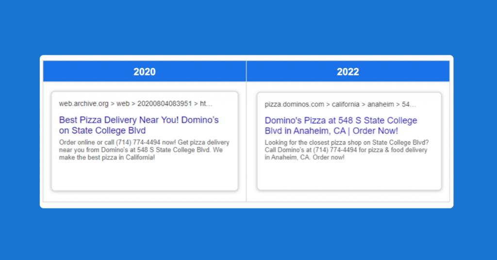 Comparison of Domino's pizza search titles from 2020 to 2022