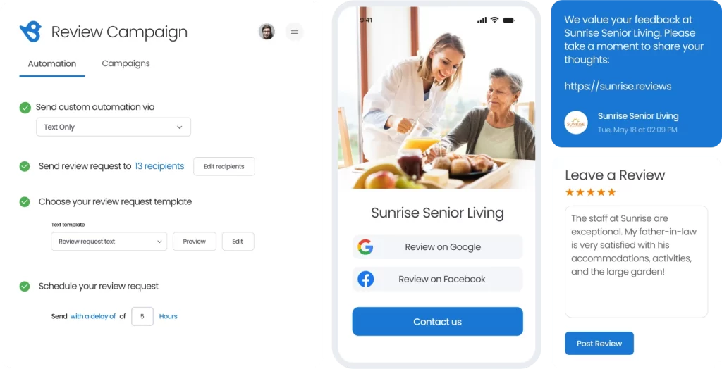 Two women on a dinner table next to screenshots of Birdeye review generation feature with SMS or texting.