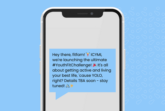 A smartphone screen showing a marketing text message with abbreviations.