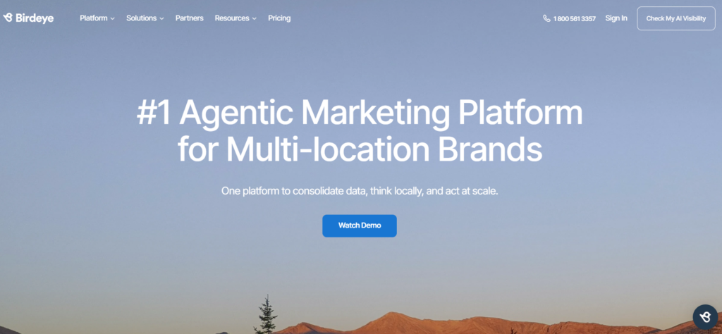 The Birdeye homepage featuring the headline, #1 Agentic Marketing Platform for Multi-location Brands, with a Demo CTA button