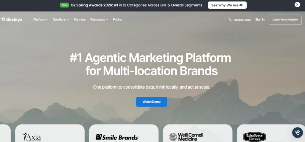 The Birdeye homepage featuring the headline, #1 Agentic Marketing Platform for Multi-location Brands, with a Watch Demo call-to-action button