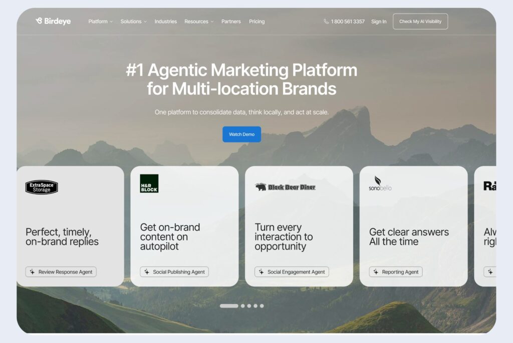 The Birdeye homepage featuring the headline, #1 Agentic Marketing Platform for Multi-location Brands, with a Watch Demo call-to-action button