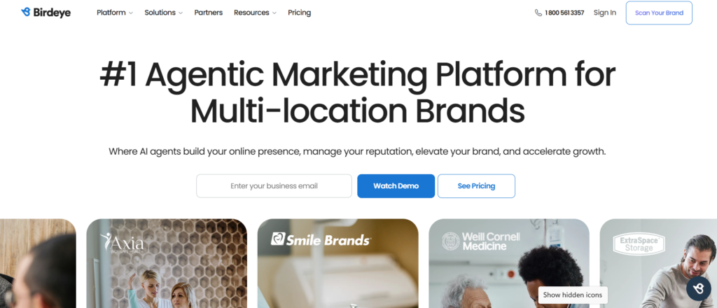 The Birdeye website homepage featuring the headline, #1 Agentic Marketing Platform for Multi-location Brands, with a Watch Demo call-to-action button
