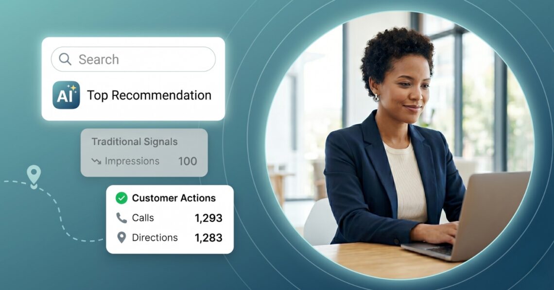 A marketing leader works on her laptop next to a digital dashboard showing an AI search recommendation, dropping traditional impressions, and strong customer actions like calls and directions.