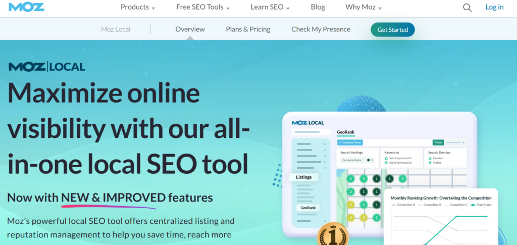 The image is a Moz Local landing page banner promoting its “all-in-one local SEO tool,” featuring the headline “Maximize online visibility with our all-in-one local SEO tool