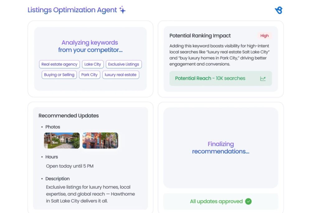 The image shows Birdeye’s Listings Optimization Agent analyzing competitor keywords and recommending listing updates to boost local ranking and reach.