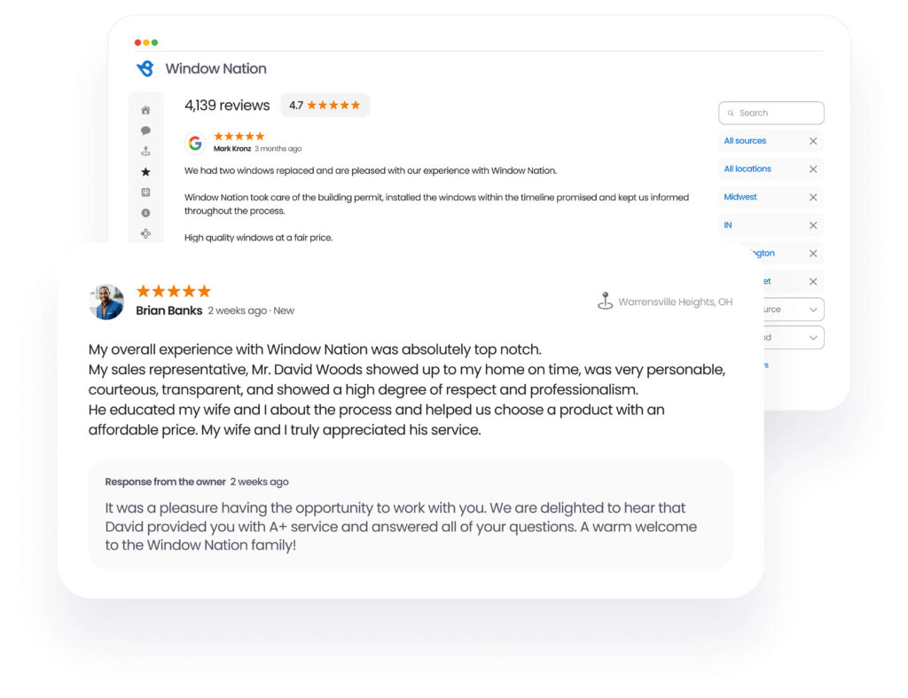 The image shows Birdeye’s dashboard displaying Window Nation’s aggregated Google reviews and a detailed 5-star customer review with a personalized owner response