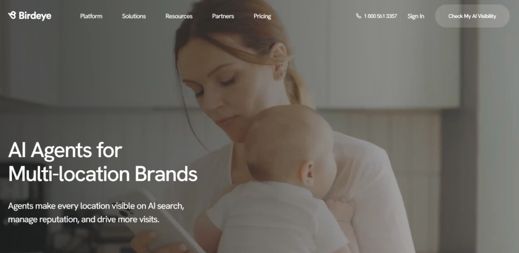 The image shows Birdeye’s homepage promoting AI agents for multi-location brands