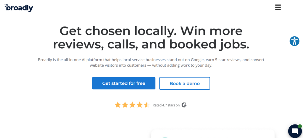 The image shows Broadly’s homepage promoting its all‑in‑one AI platform that helps local businesses win more reviews, calls, and booked jobs.